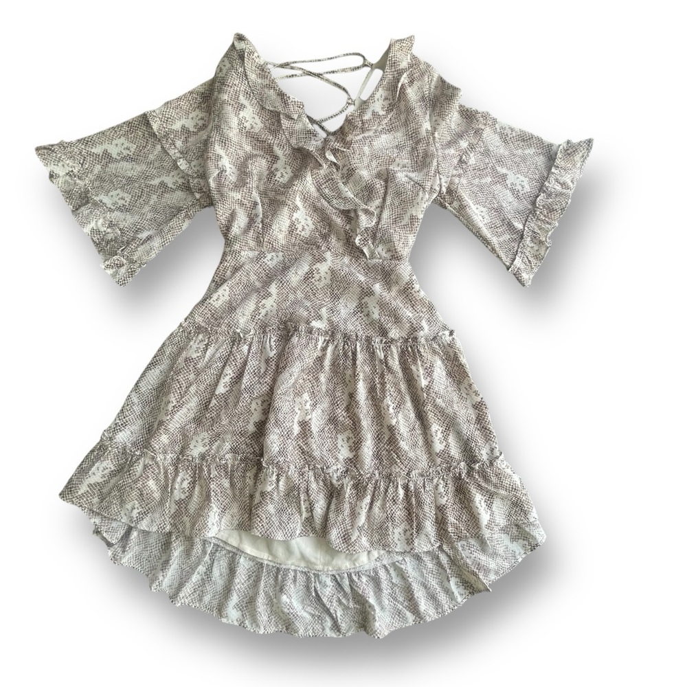 Anna Grace Brown/Cream Snake Print Ruffle Backless Mini Dress Size Medium Picnic